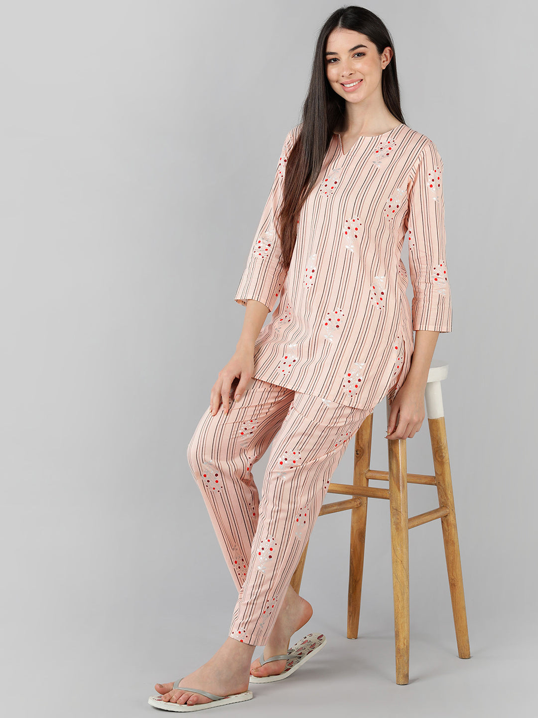 Women's Peach Cotton Striped Printed Night Suit