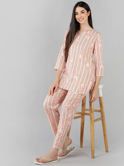 Women's Peach Cotton Striped Printed Night Suit