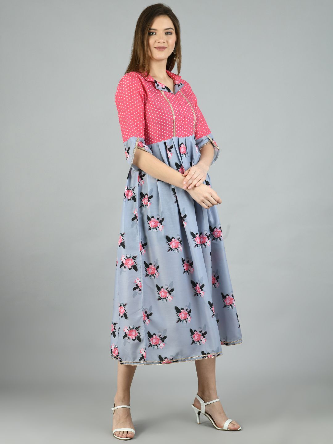 Women's Multi Polyester Printed 3/4 Sleeve Shirt Coller Casual Dress