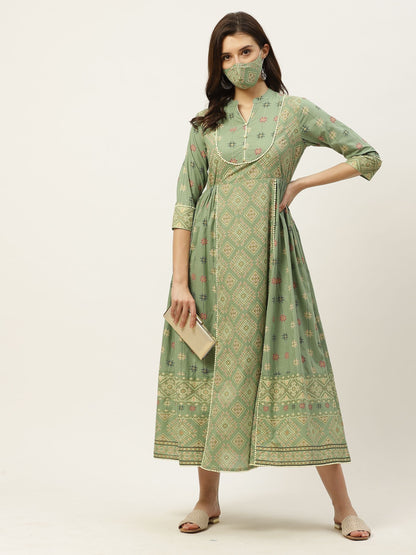 Women's Mexican Printed Flared Kurta Dress With Mask
