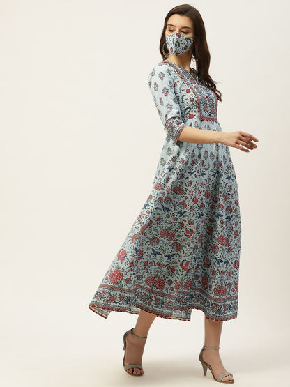 Women's Printed Flared Dress & Dupatta Set with Mask