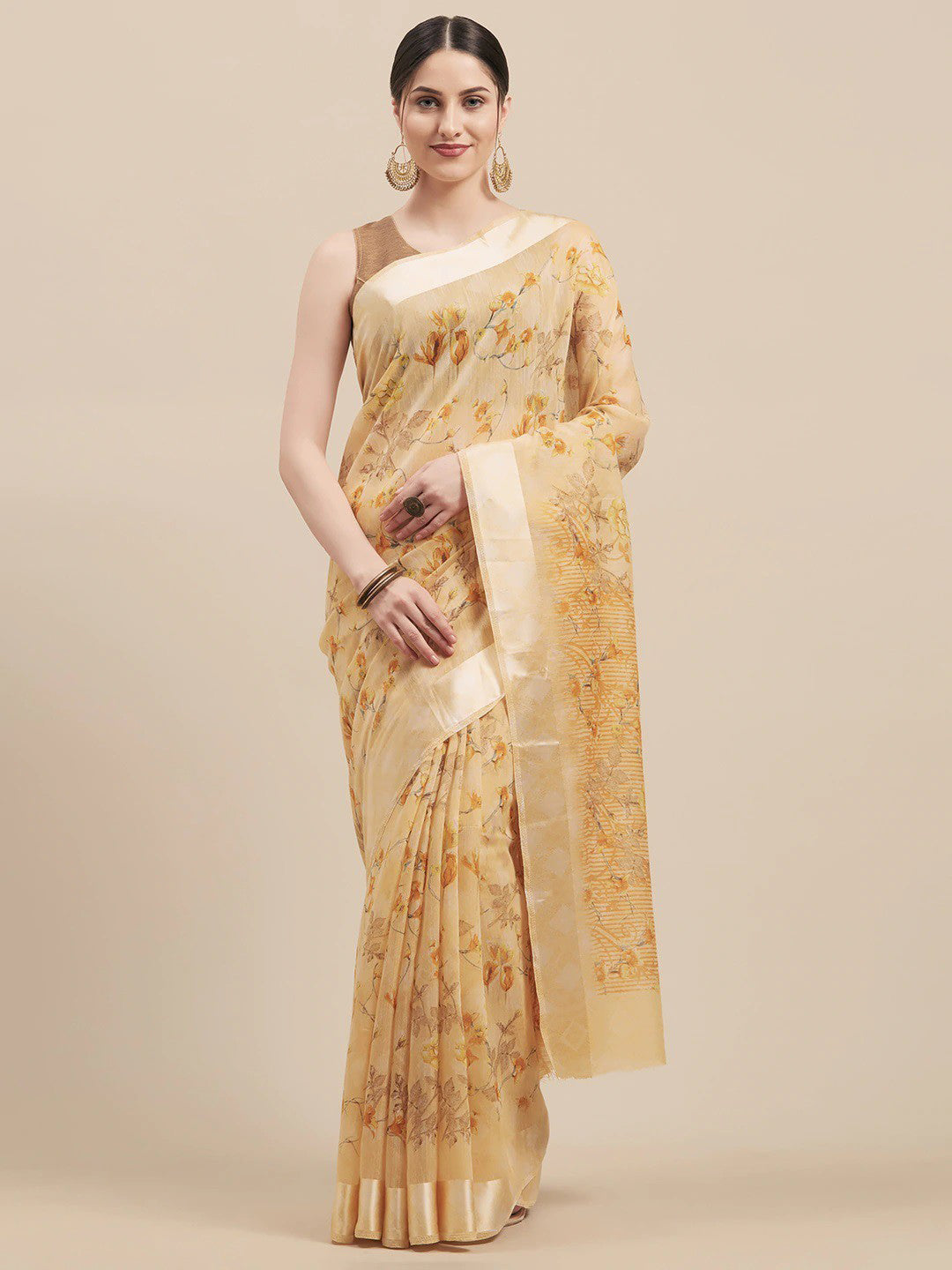 Women's Yellow Cotton Blend Printed Saree