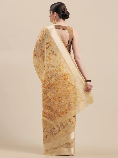 Women's Yellow Cotton Blend Printed Saree