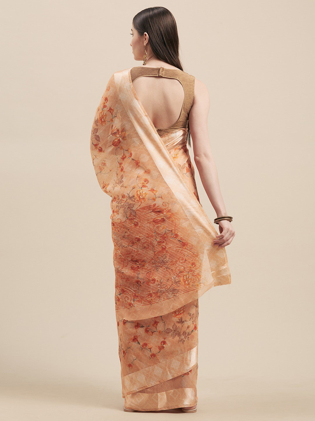 Women's Orange Cotton Blend Printed Saree