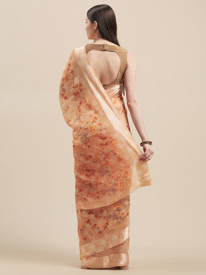 Women's Orange Cotton Blend Printed Saree