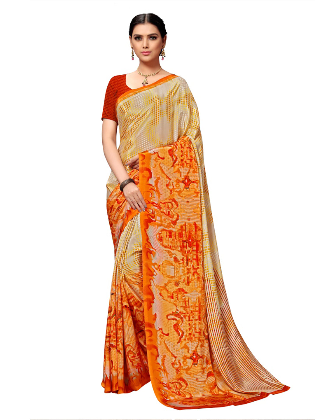 Women's Beige Crepe Printed Saree