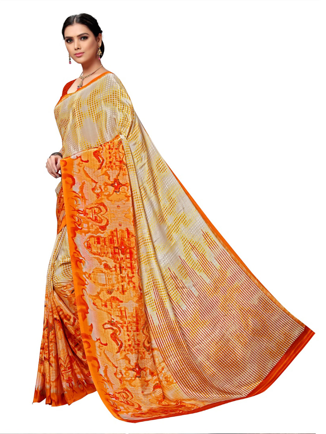 Women's Beige Crepe Printed Saree