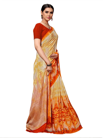 Women's Beige Crepe Printed Saree
