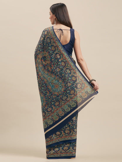 Women's Navy Blue Art Silk Printed Saree