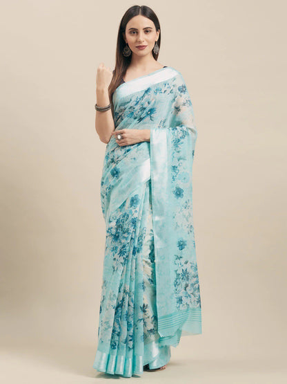Women's Blue Cotton Blend Printed Saree