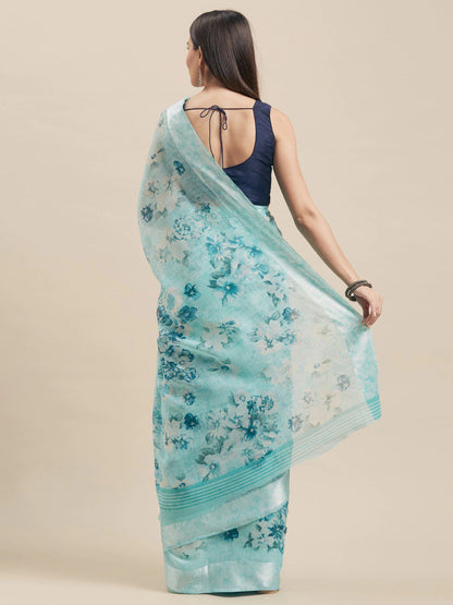 Women's Blue Cotton Blend Printed Saree