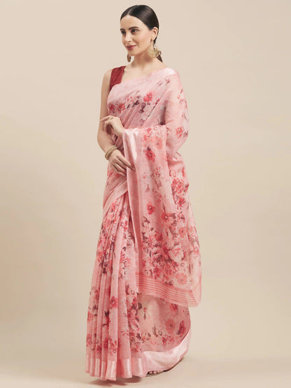 Women's Pink Cotton Blend Printed Saree