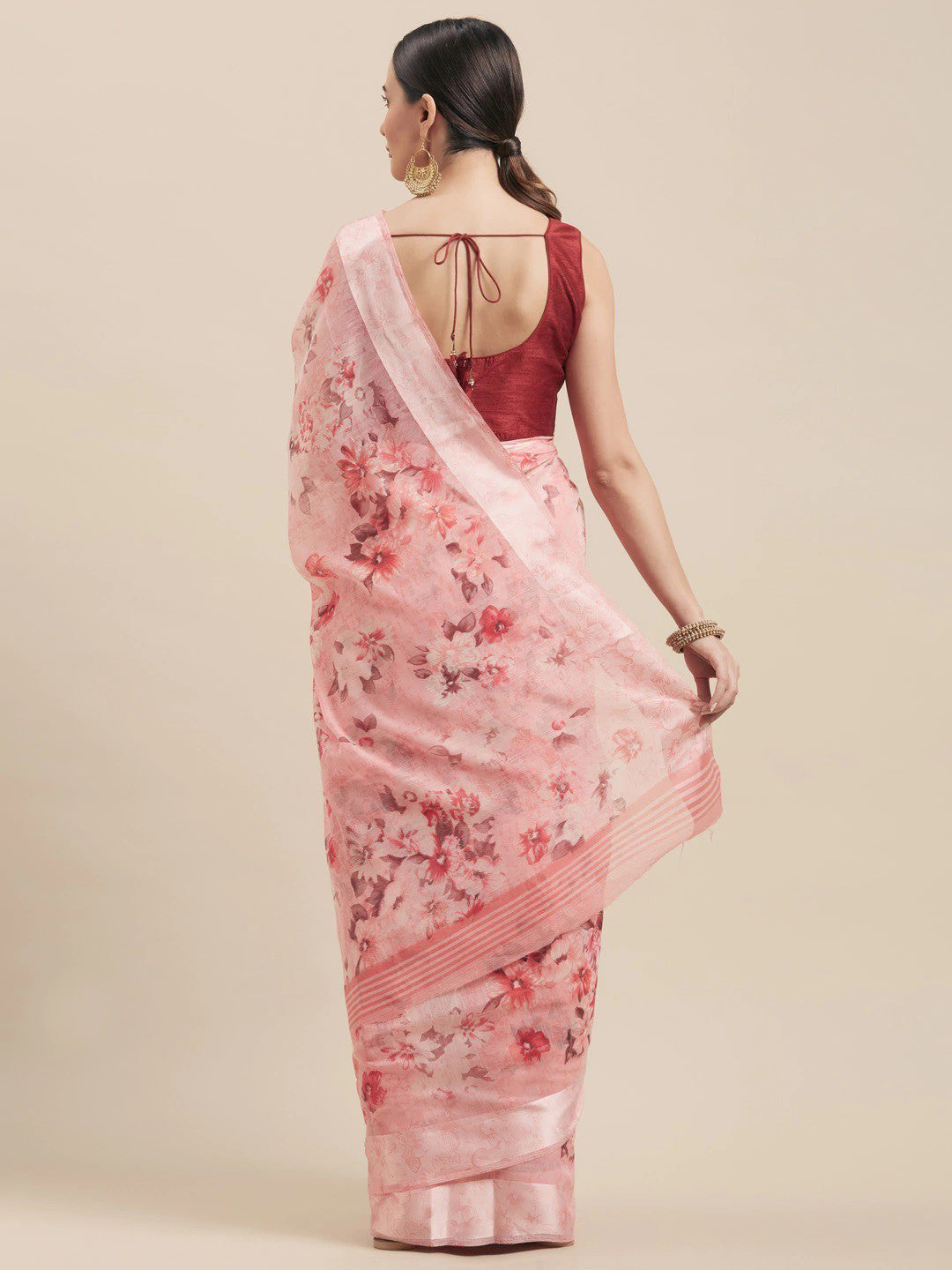 Women's Pink Cotton Blend Printed Saree