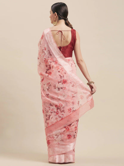 Women's Pink Cotton Blend Printed Saree