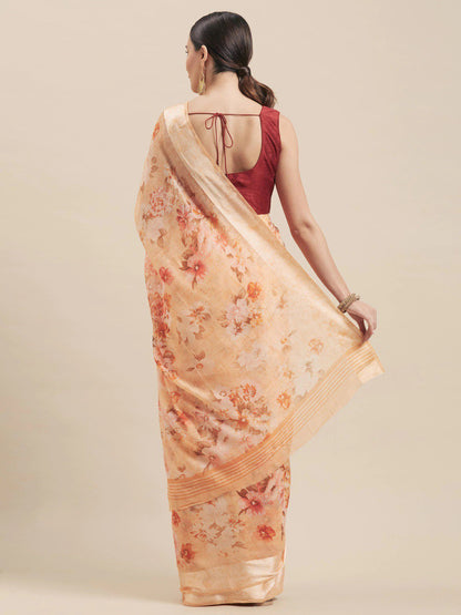 Women's Orange Cotton Blend Printed Saree