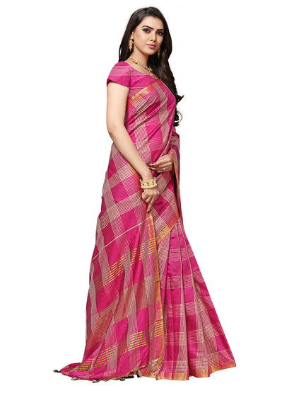 Women's Pink Silk Blend Striped Saree
