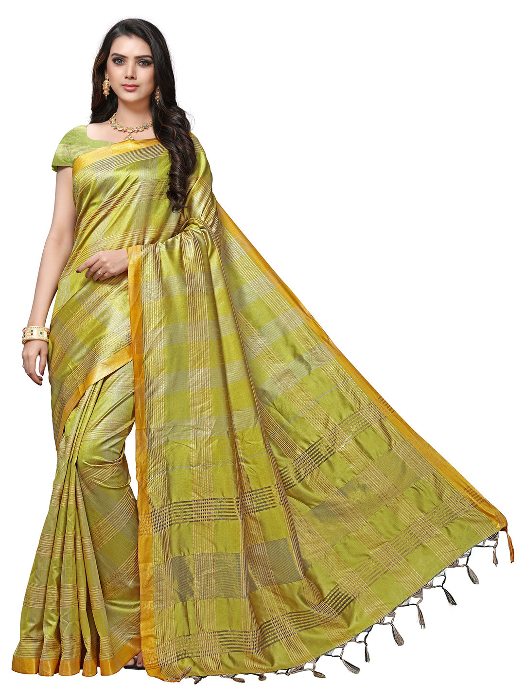 Women's Yellow Silk Blend Checkered Saree
