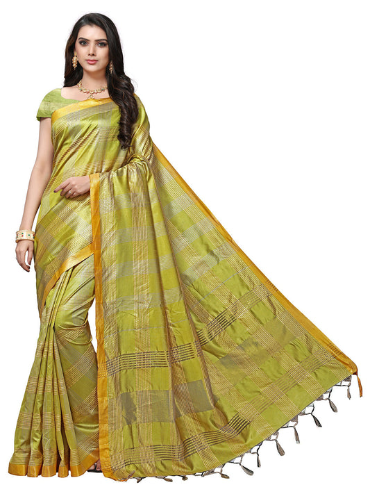 Women's Yellow Silk Blend Checkered Saree