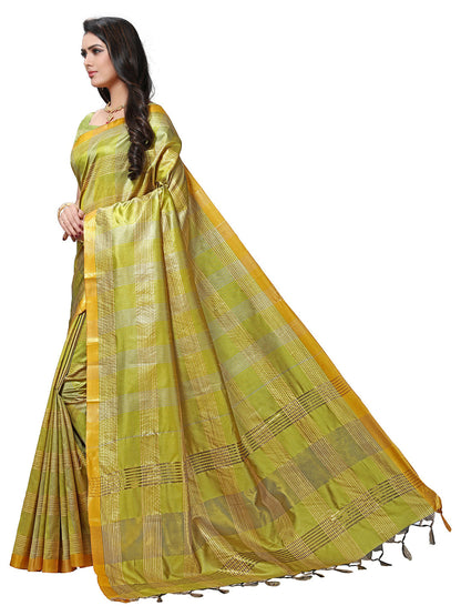 Women's Yellow Silk Blend Checkered Saree