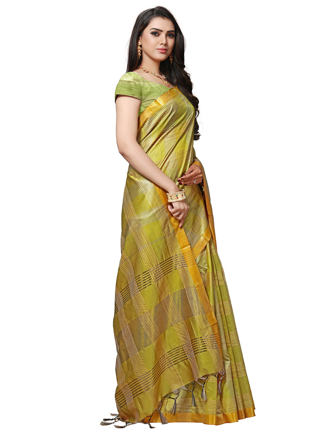 Women's Yellow Silk Blend Checkered Saree