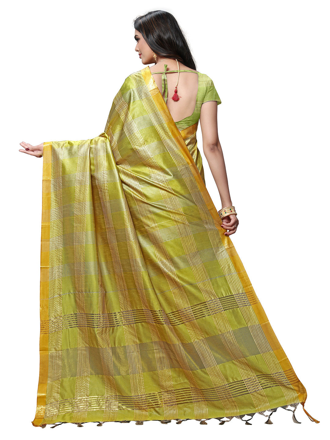 Women's Yellow Silk Blend Checkered Saree