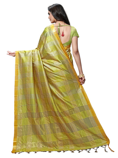 Women's Yellow Silk Blend Checkered Saree