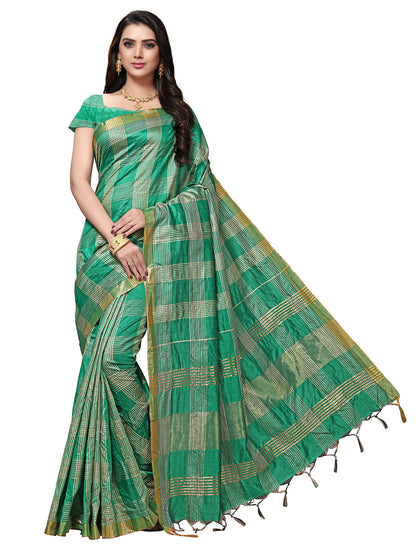 Women's Green Silk Blend Striped Saree