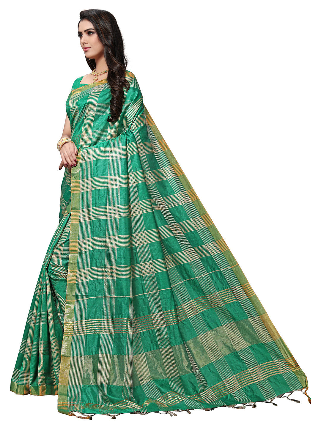 Women's Green Silk Blend Striped Saree