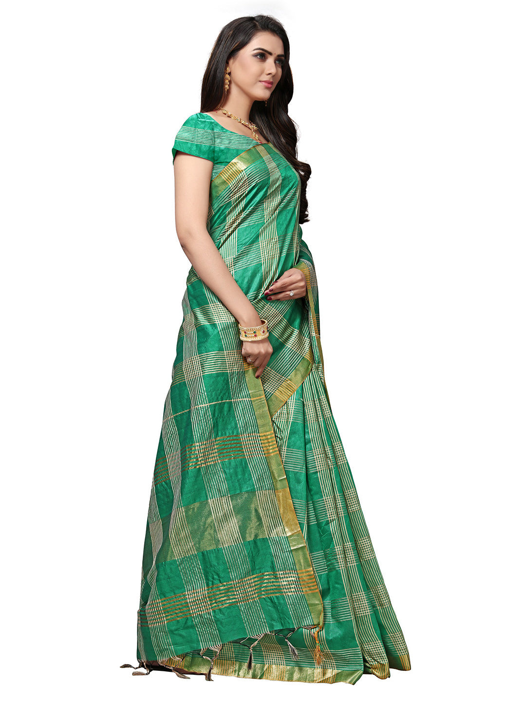 Women's Green Silk Blend Striped Saree