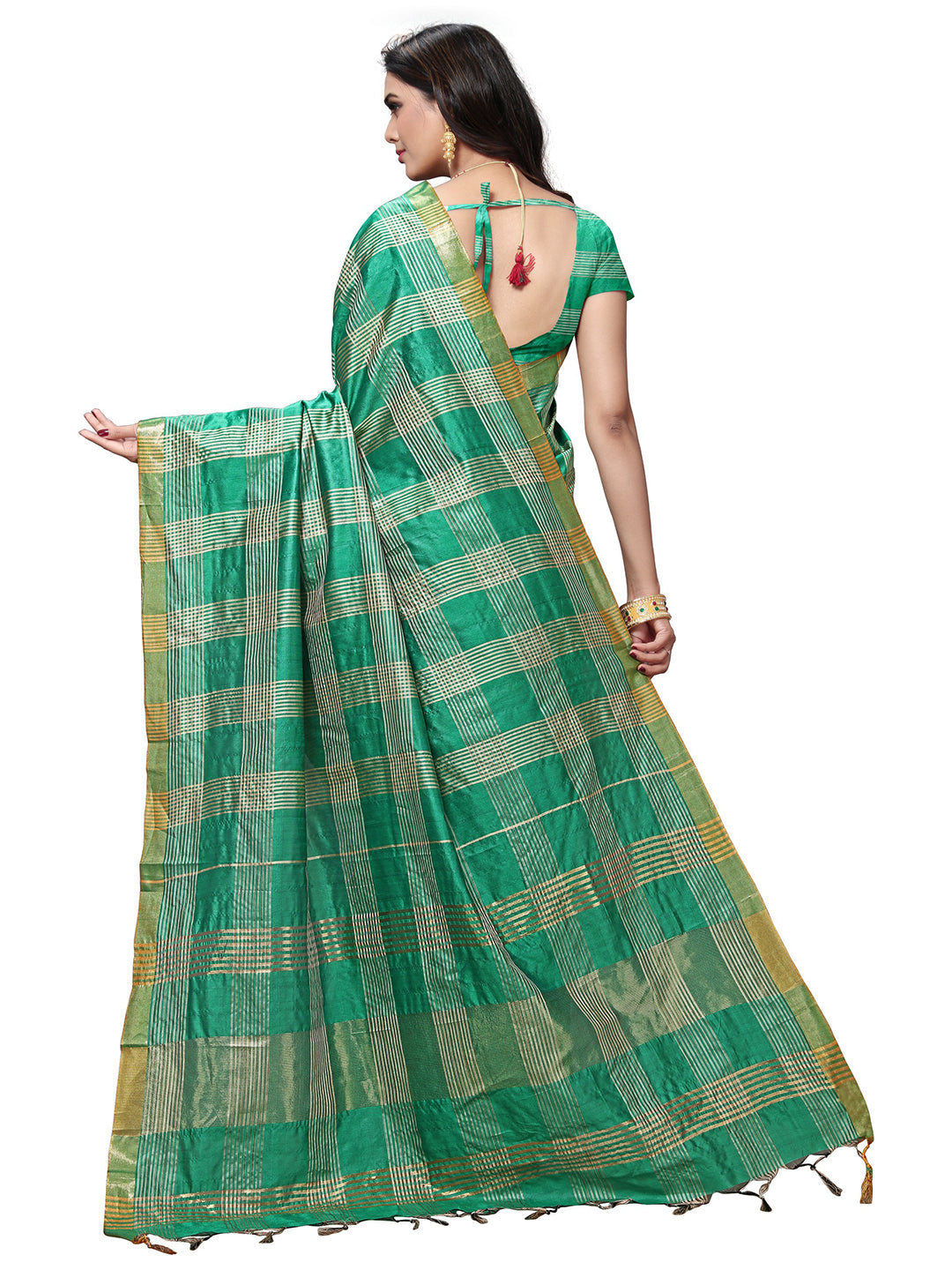 Women's Green Silk Blend Striped Saree