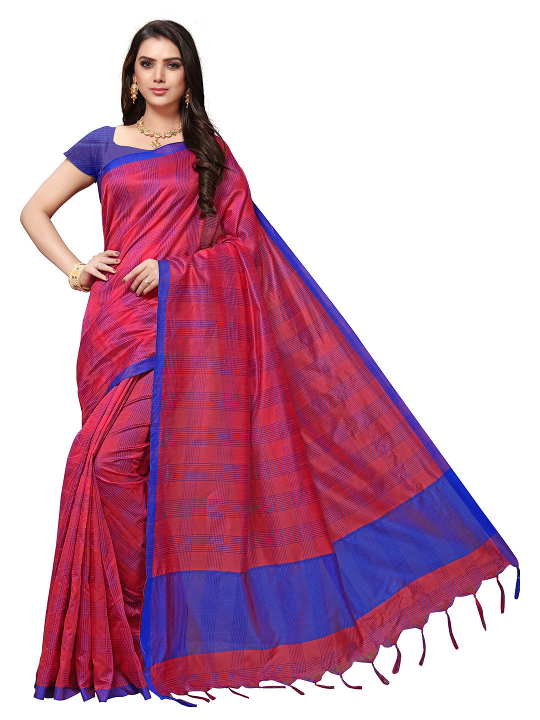 Women's Fuchsia Silk Blend Self Design Saree