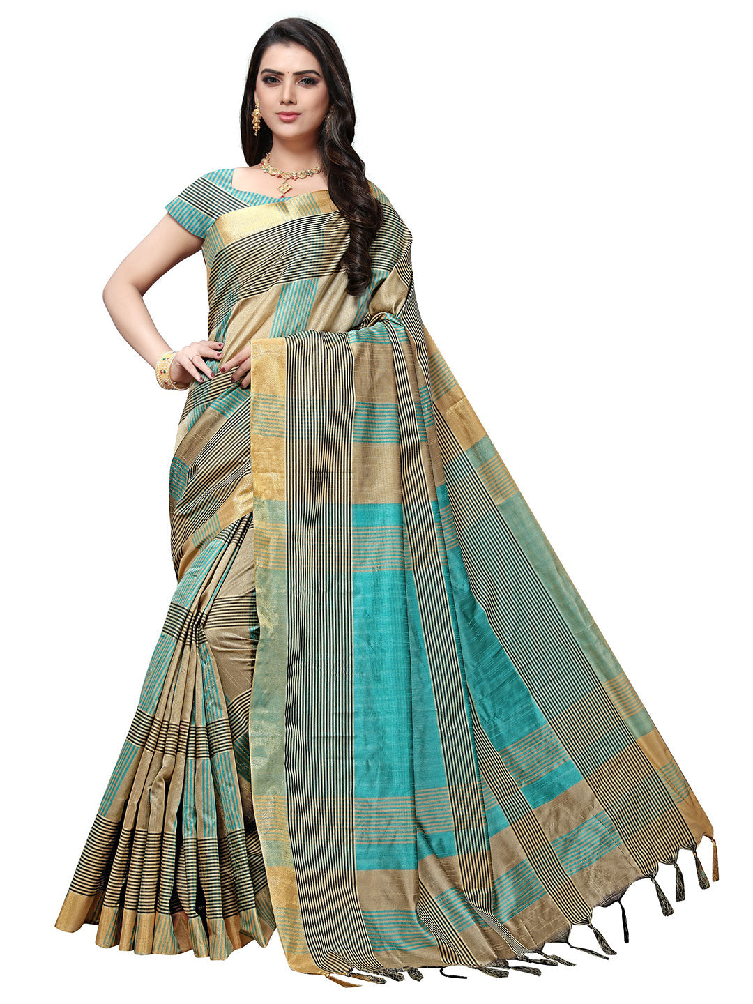 Women's Beige Silk Blend Striped Saree