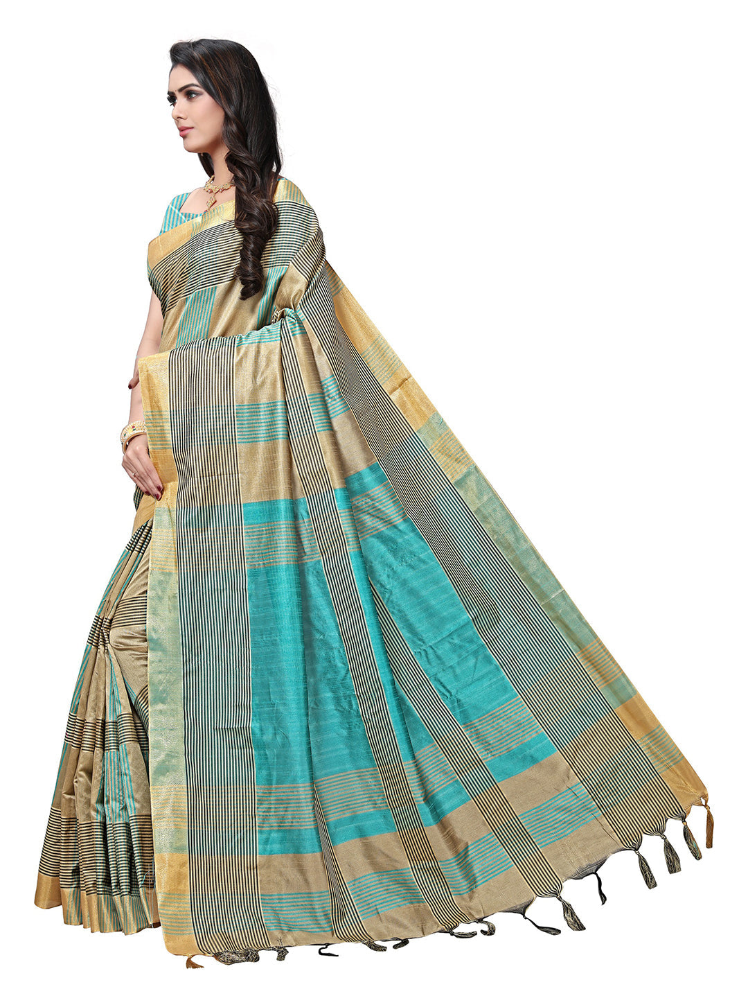 Women's Beige Silk Blend Striped Saree