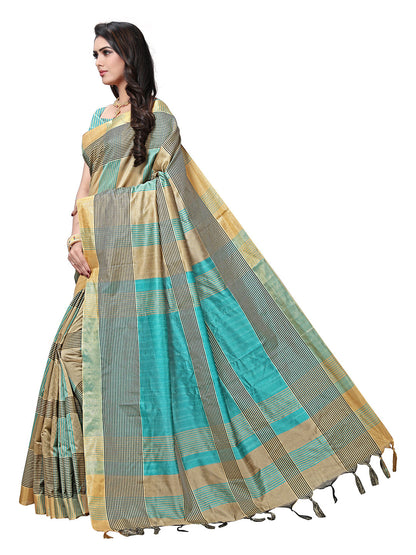 Women's Beige Silk Blend Striped Saree