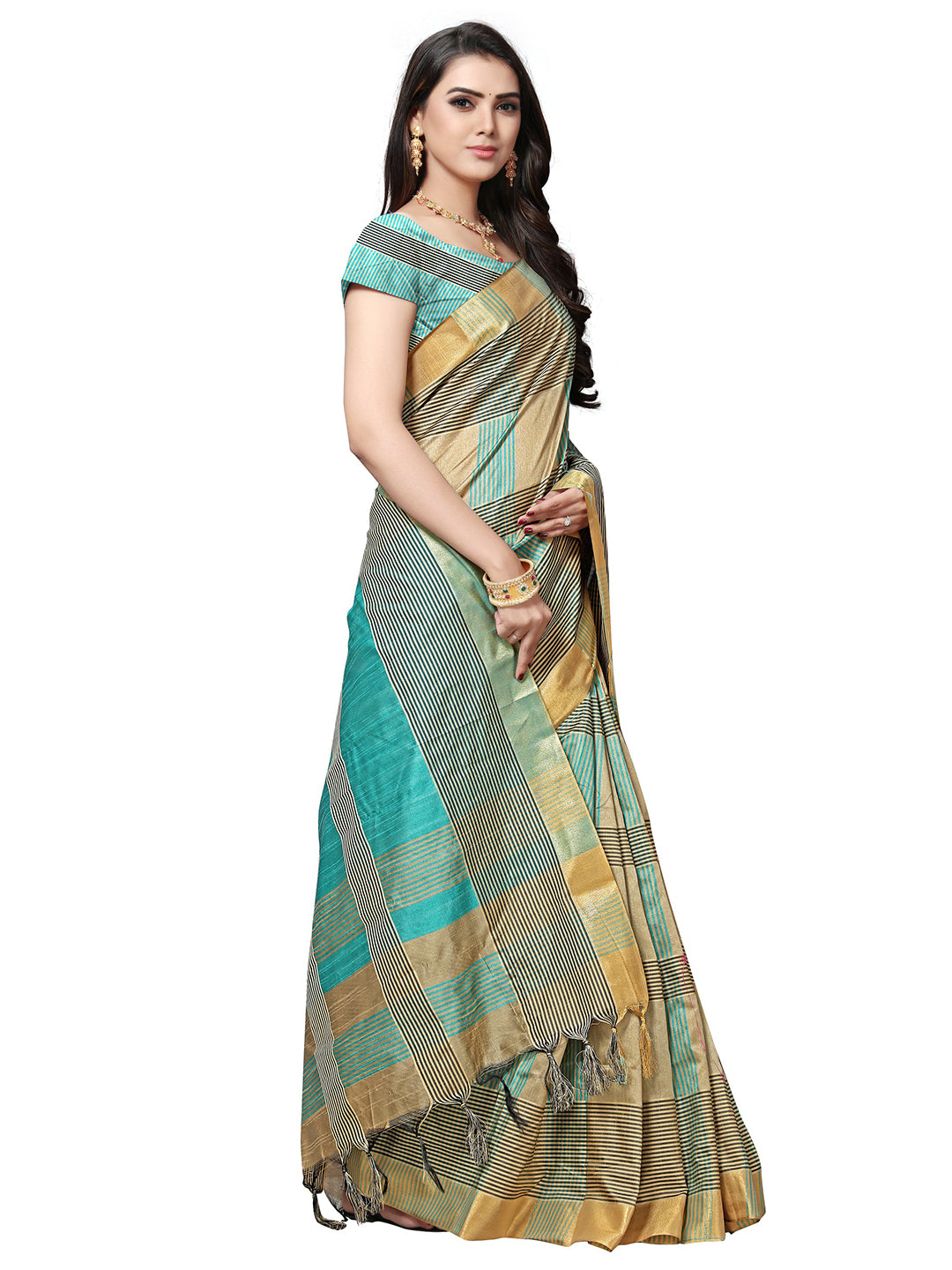 Women's Beige Silk Blend Striped Saree