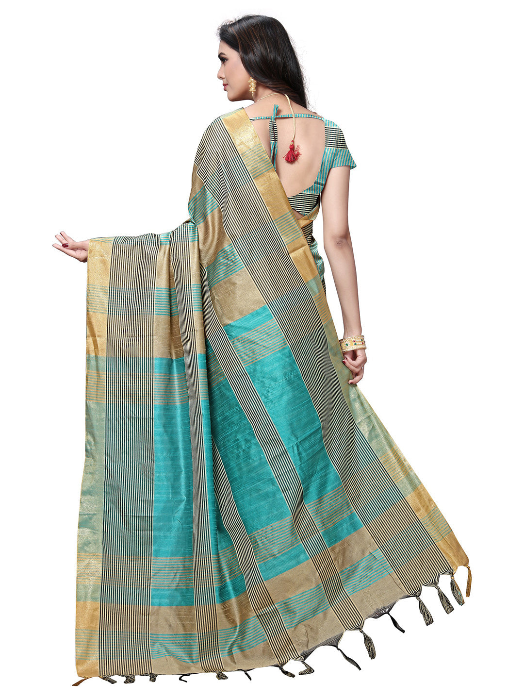 Women's Beige Silk Blend Striped Saree