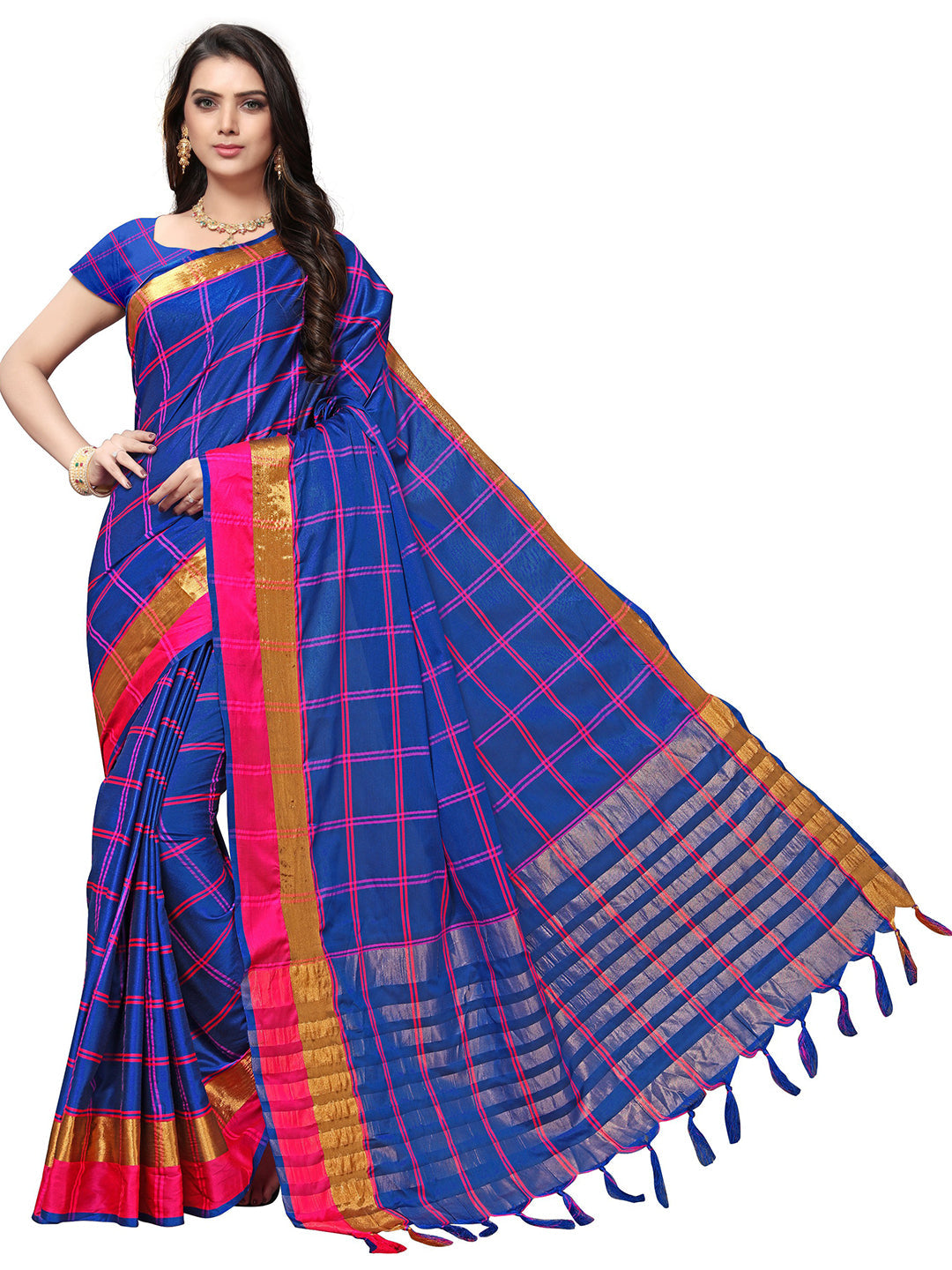 Women's Blue Silk Blend Striped Saree