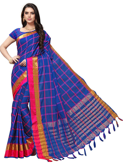 Women's Blue Silk Blend Striped Saree