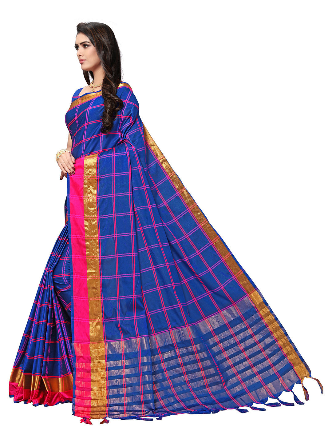 Women's Blue Silk Blend Striped Saree
