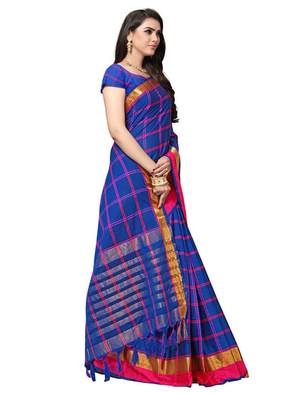 Women's Blue Silk Blend Striped Saree