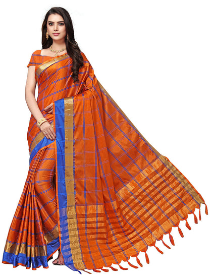 Women's Orange Silk Blend Checkered Saree