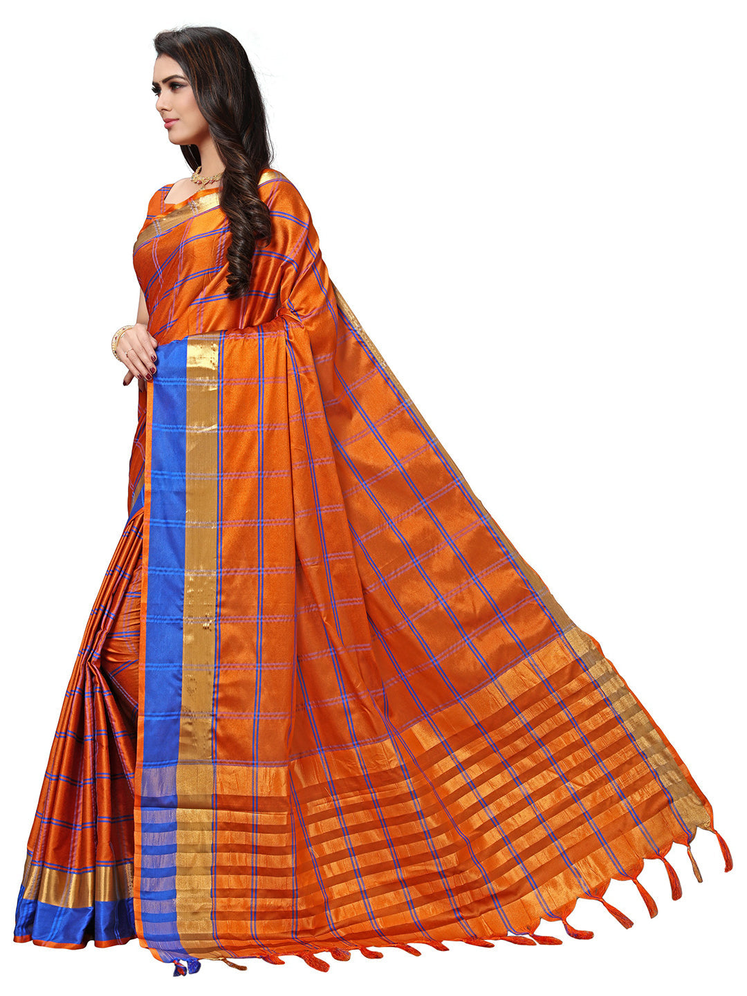 Women's Orange Silk Blend Checkered Saree