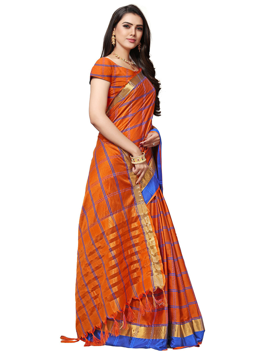 Women's Orange Silk Blend Checkered Saree