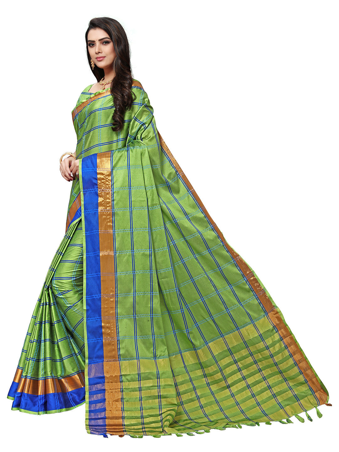 Women's Green Silk Blend Striped Saree