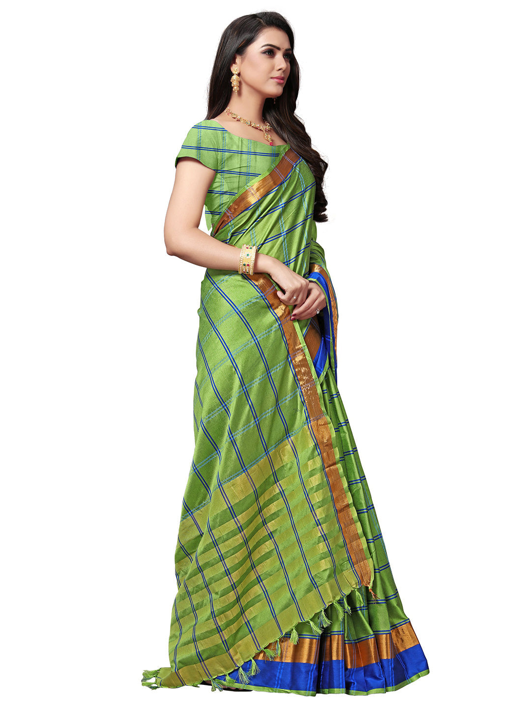 Women's Green Silk Blend Striped Saree