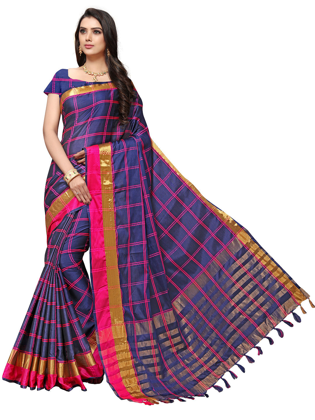 Women's Navy Blue Silk Blend Striped Saree