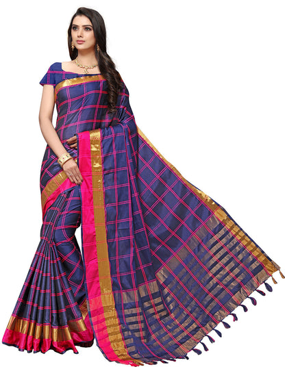 Women's Navy Blue Silk Blend Striped Saree