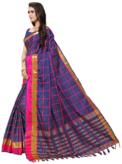 Women's Navy Blue Silk Blend Striped Saree