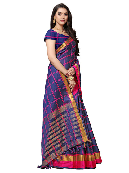 Women's Navy Blue Silk Blend Striped Saree