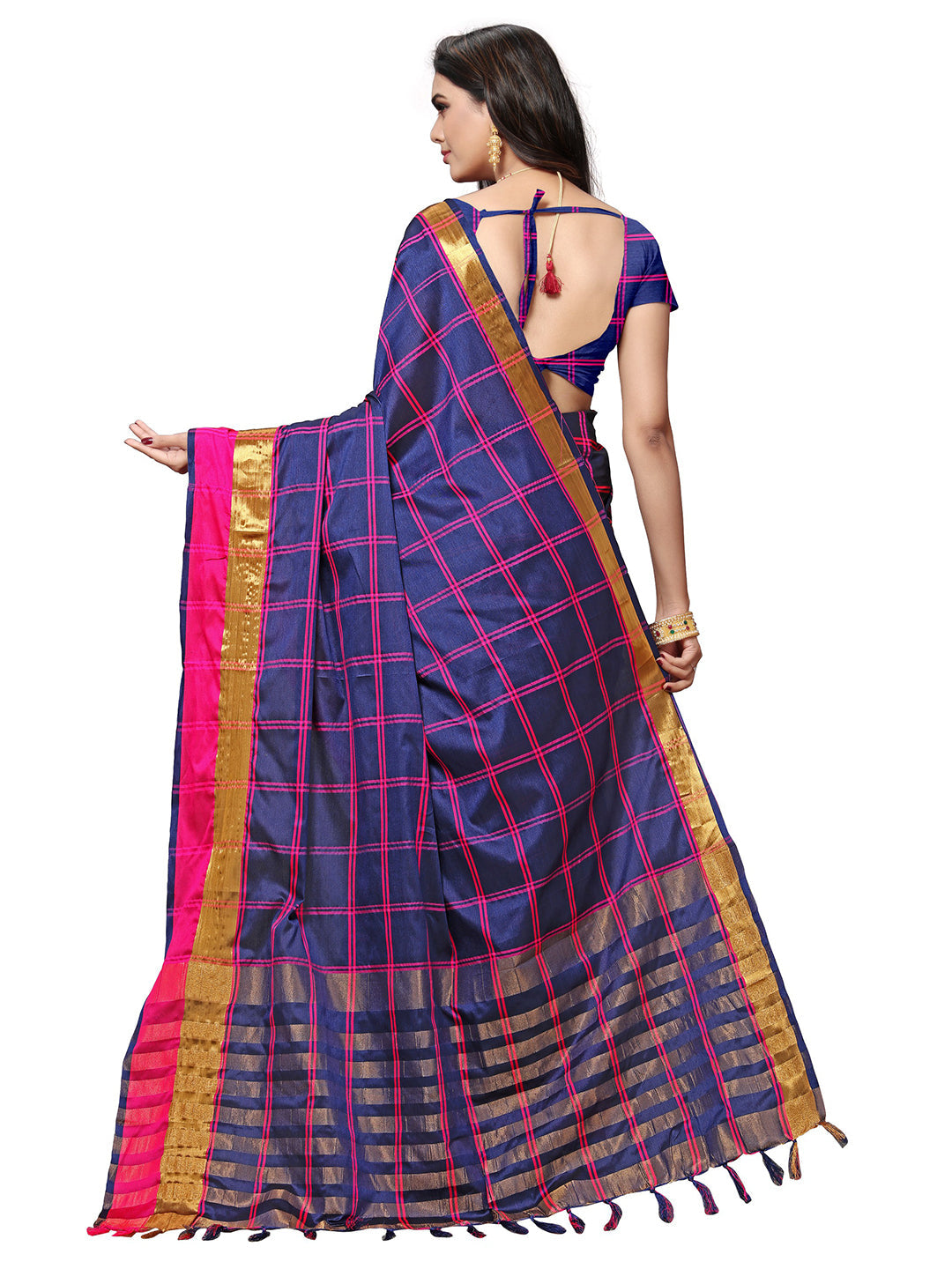Women's Navy Blue Silk Blend Striped Saree